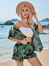 Women's Japanese Style Plant Print Kimono Shirt And Shorts Set